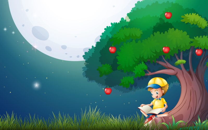 Boy reading book under apple tree illustration